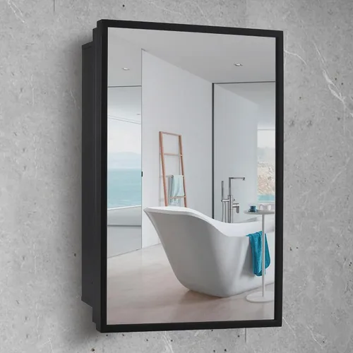 Movo Botiquín de medicina con espejo, 16 x 24 pulgadas, marco de metal negro, empotrado, gabinete de medicina empotrado para baño, montado en la