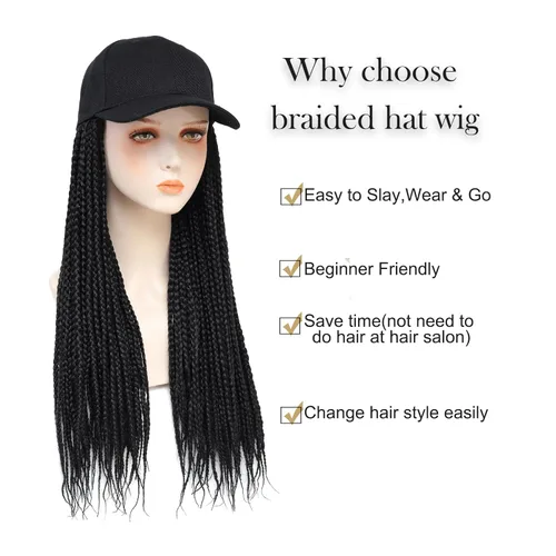 Miniatura 3 de Gorra con peluca para mujeres con gorra de béisbol con cabello trenzado adjunto, peluca de trenzas en caja sintética, gorra ajustable negra con 1b