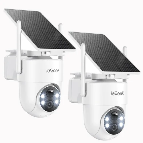 ieGeek 2 Pack S5 Cámara de seguridad solar para exteriores inalámbrica – Cámara WiFi 2K 3MP con panel solar extraíble, panorámica de 360°, visión