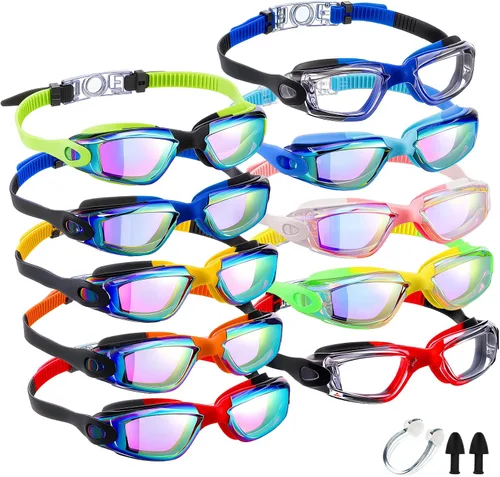 Miniatura 13 de Konohan Paquete de 10 gafas de natación a granel para niños y adultos, gafas de piscina antivaho de silicona sin fugas, gafas de natación