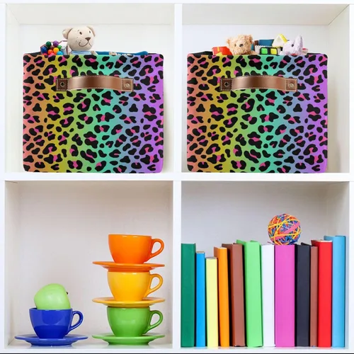 Miniatura 6 de Bolaz Cesta de almacenamiento grande con diseño de leopardo y arcoíris, plegable, con asas, para dormitorio, hogar, oficina