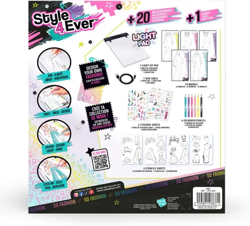 Miniatura 3 de Canal Toys Tablero de luz - Moda con kit creativo completo - Mesa de dibujo LED con lápices, plantillas y calcomanías, juego de ropa con accesorios