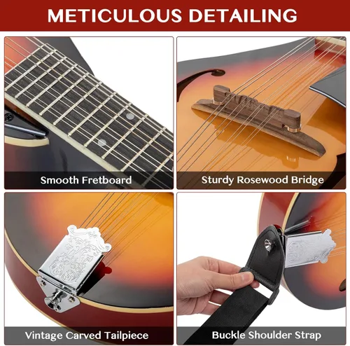 Miniatura 3 de Ktaxon - Kit de mandolina estilo A, 8 cuerdas de madera de caoba acústica, mandolina musical con funda de concierto gruesa, correa para el hombro