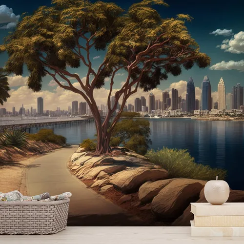 Miniatura 4 de Papel tapiz único de paisaje de la ciudad de San Diego, rascacielos y vista del árbol, arte mural de pared grande para decoración de dormitorio