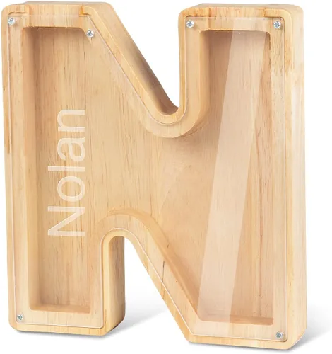 Miniatura 28 de Alcancía con nombre personalizado, 26 letras láser con texto personalizado, banco de monedas de madera, significado educativo, alcancía con nombre