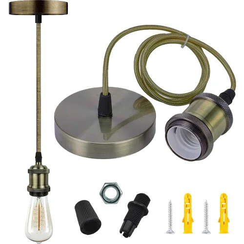Kit de lámpara colgante industrial vintage con soporte para lámpara E26/E27, cable de tela, rosa de techo y cable colgante en estilo retro moderno