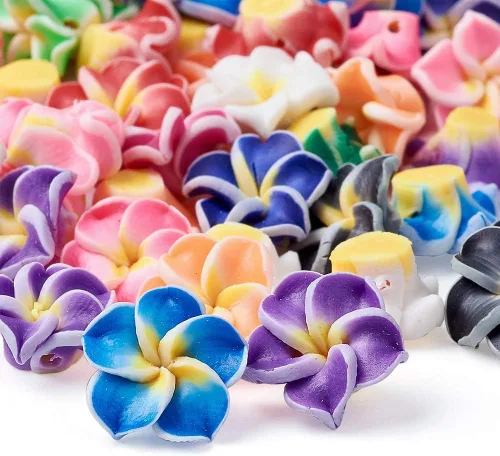 Miniatura 3 de Craftdady 200 cuentas sueltas de arcilla polimérica Plumeria Flower Spacer de 0.472 x 0.315 in, colores mezclados al azar, 5 pétalos, cuentas Flores