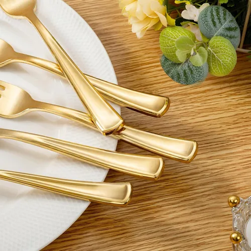 Miniatura 2 de Liacere 200 tenedores de plástico dorados, pesados, tenedores resistentes de 7.4 pulgadas, cubiertos de plástico dorado perfectos para fiestas