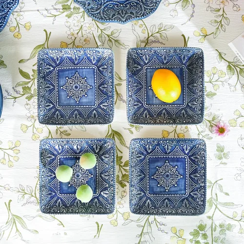 Miniatura 2 de Sungmor Vajilla fina de cerámica en relieve, porcelana de estilo barroco antiguo de 6 pulgadas, platos cuadrados para aperitivos, juego de 4, 4