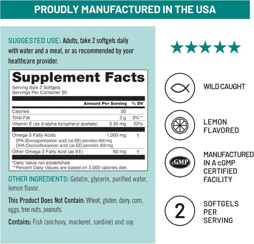 Miniatura 4 de NatureWise Suplemento de aceite de pescado Omega 3 extra fuerte – 1000 mg por porción – 600 EPA y 400 DHA y vitamina E – Apoyo para la salud