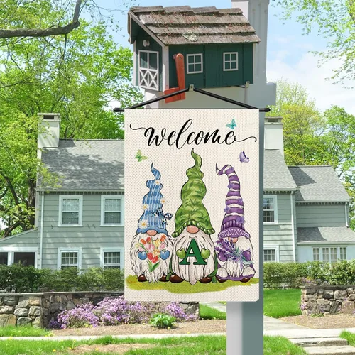 Miniatura 6 de Bandera de jardín con monograma de flores de gnomos de primavera, bandera de gnomo floral con letra inicial, bandera de bienvenida de primavera
