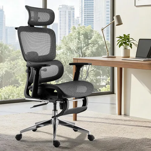 Miniatura 4 de Silla de oficina ergonómica, silla de escritorio de malla para el hogar, cómoda silla de juegos con reposapiés, ruedas, reposacabezas 2D ajustable