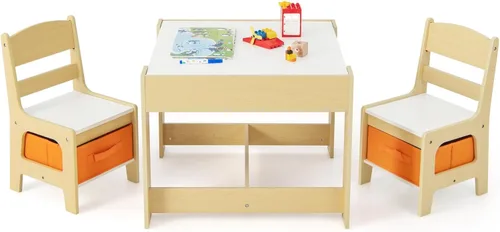 HONEY JOY Mesa y sillas para niños, juego de actividades de madera 3 en 1 con almacenamiento, mesa desmontable, para arte, manualidades, dibujo,