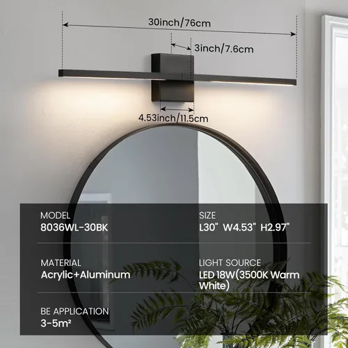 Miniatura 2 de Lámpara de tocador de baño negra de 30 pulgadas, giratoria de 360°, 18 W, regulable, 5CCT, LED, lámpara de baño negra sobre espejo, luces modernas