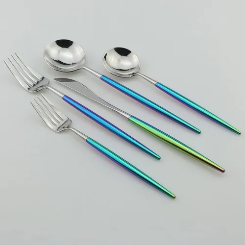 Miniatura 3 de Juego de cubiertos Coloful Rainbow Handle Silver de 5 piezas, espejo de acero inoxidable 18/10, servicio para 1 plateado