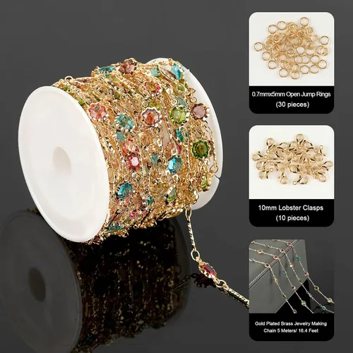 Miniatura 2 de Cadenas chapadas en oro de 16.4 pies para hacer joyas, cadena de diamantes de imitación de colores mixtos, pulseras, collar, cadena de tobillera, a