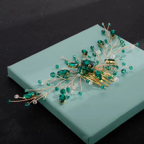 Miniatura 4 de Aimimier Peine para el cabello de cristal verde nupcial, con diamantes de imitación esmeralda, vid de graduación, fiesta, festival, boda, accesorios