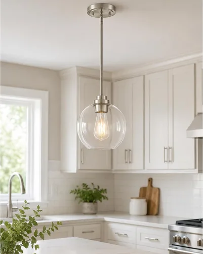 Miniatura 17 de Luces Colgantes de Latón para Isla de Cocina Paquete de 2, Luz Colgante Dorada Estilo Granja con Pantalla de Globo de Vidrio Transparente