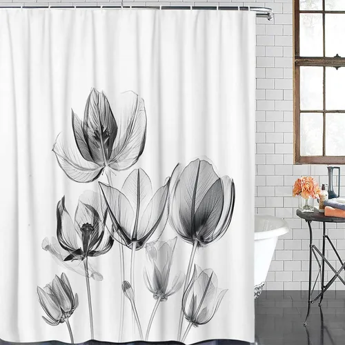 QueenKer Cortina de ducha, tulipanes de flores, color negro, floral, impermeable, juego de cortina de ducha con 12 ganchos, cortinas de baño para