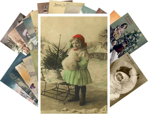 Miniatura 7 de PIXILUV Tarjetas de felicitación de Navidad vintage 24pcs Encantadora Navidad Niños Reimpresión antigua Postal Set