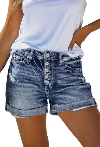 HUUSA Pantalones cortos de mezclilla rasgados para mujer, cintura alta, desgastados, casuales, dobladillo enrollado, pantalones cortos con bolsillos