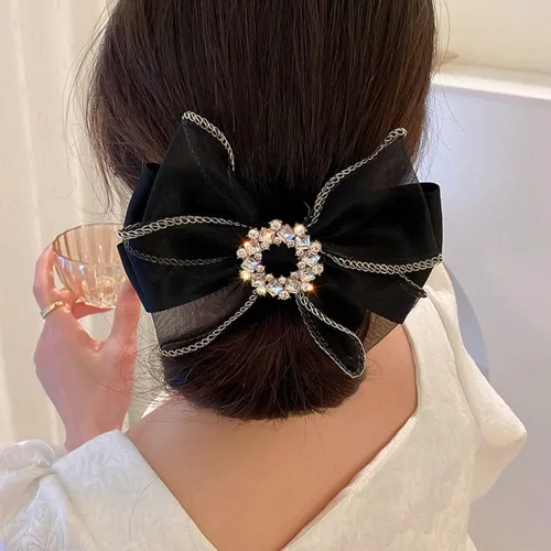 Jumwrit Pinza para el pelo con lazo grande, pasador de pelo con diamantes de imitación, sujeción fuerte, lazo de malla para el cabello, accesorios