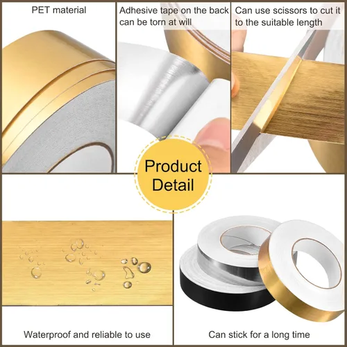 Miniatura 3 de uxcell Adhesivo autoadhesivo de aluminio de 0.39 pulgadas x 164 pies, tira de cinta adhesiva impermeable para pared, gabinete, cocina, color dorado