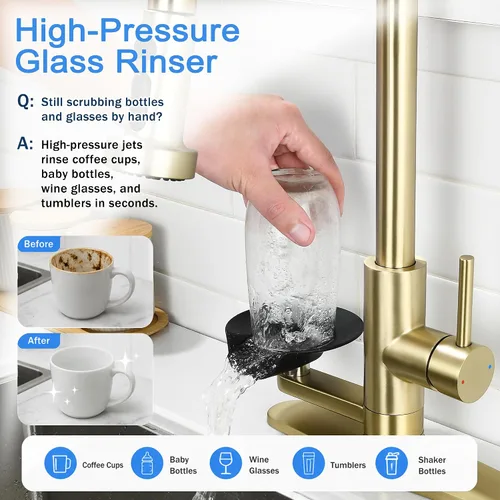 Miniatura 8 de Grifo de cocina con enjuague de vidrio para fregadero, grifo desplegable con 3 modos de pulverización y enjuague de vidrio de alta presión, grifo