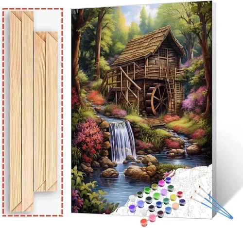 Miniatura 8 de Tucocoo Kit de pintura de flores para casa por números con pinceles y pigmento acrílico sobre lienzo para adultos, paisajes de bosques arroyos