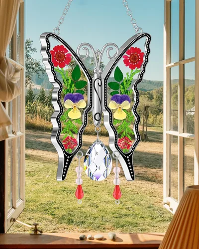 Miniatura 3 de KY&BOSAM Atrapasoles de Mariposa de Cristal de Vidrio Emplomado Atrapasol para Ventana Colgante Campanilla de Viento con Flores Secas y Coloridos