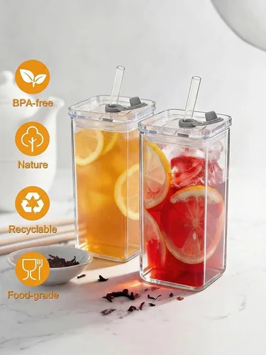 Miniatura 4 de 2 tazas de café cuadradas con tapas y pajitas, vasos de 14 onzas, reutilizables, resistentes al calor, resistentes al calor, para café, leche, jugo