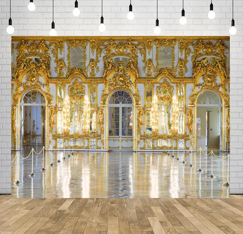 Miniatura 2 de BELECO Telón de fondo de tela de 5 x 3 pies para fotografía, Palacio de Catalina, Palacio Real, Salón de baile, tallas doradas, arco de pared
