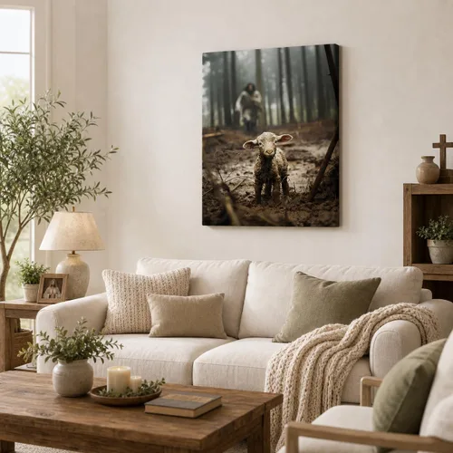 Miniatura 8 de Lienzo decorativo cristiano de Jesús con cordero, diseño religioso corriendo después del cordero perdido, envuelto en galería, listo para colgar