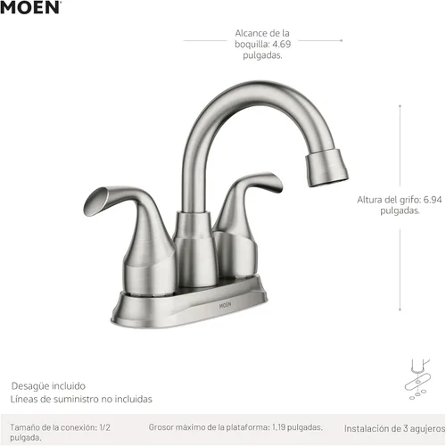 Miniatura 2 de Moen Idora - Grifo de lavabo de dos manijas con centro cromado y montaje de desagüe, 84115 Cromo