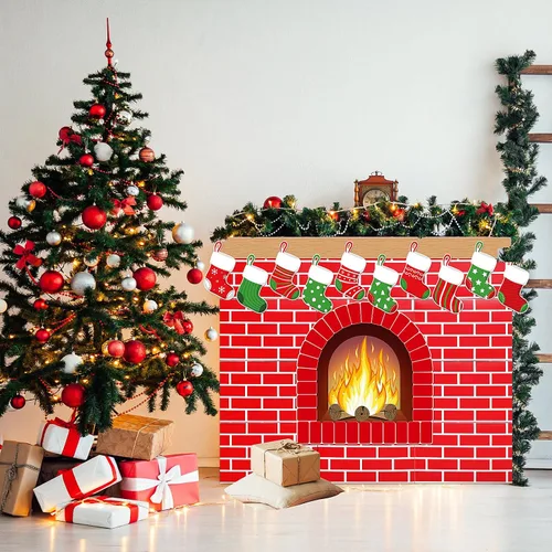 Miniatura 5 de Fullhawl 47 chimeneas de cartón de Navidad 3D de 39 x 35 pulgadas, chimenea artificial de Navidad con media llama de fuego, guirnalda de grano