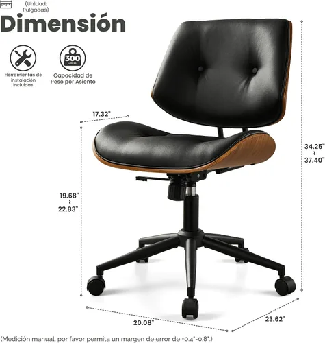 Miniatura 2 de ovios Silla de oficina en casa con ruedas, moderna silla de escritorio giratoria de piel sintética, respaldo medio, altura ajustable, sillas de botón