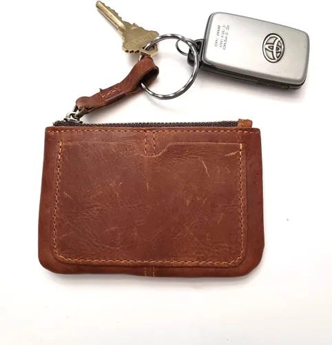 Miniatura 6 de Monedero de cuero genuino para mujeres y hombres, estilo vintage, cuero de grano de vacuno, delgado, minitarjetero con cremallera de metal con asa
