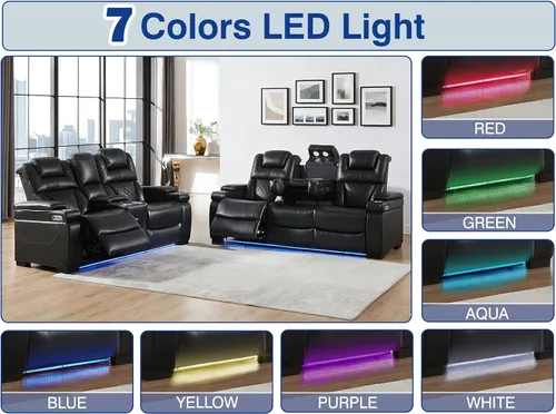 Miniatura 7 de THSUPER Sillón reclinable de cuero transpirable y sofá de dos plazas con luz LED, sofá reclinable para cine en casa con reposacabezas ajustable/luz