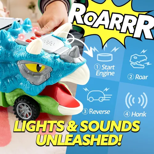 Miniatura 2 de JOYIN Juguetes de Dinosaurio 13 en 1 para Niños de 3-5, Camión de Dinosaurio Triceratops con 12 Autos de Retroceso, Juguetes de Regalos