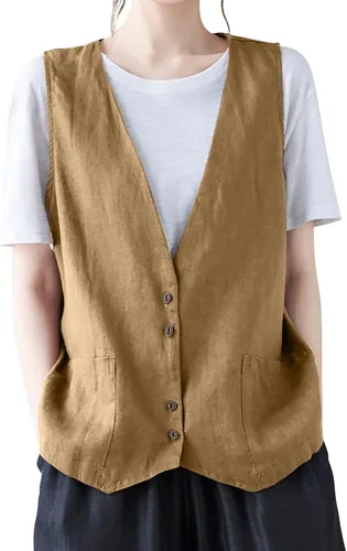 Miniatura 24 de COTECRAM Chaleco de lino de algodón para mujer, casual, sin mangas, con botones, ligero, para verano, holgado, ropa de abrigo