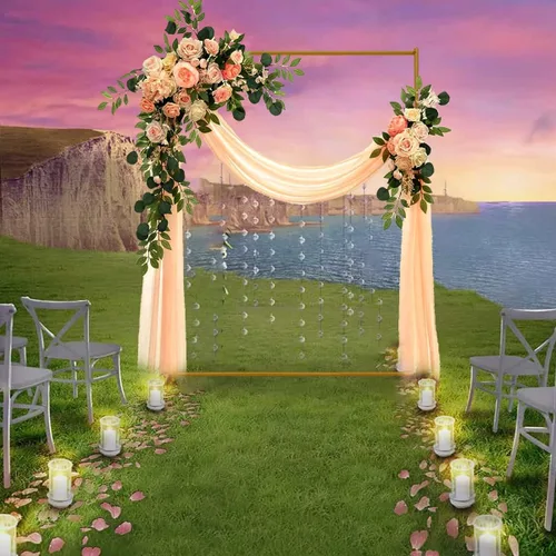 Miniatura 5 de Soporte de fondo de arco de boda dorado, globo cuadrado de 6.6 x 3.3 pies y marco de metal de flores para ceremonia, aniversario, fiesta, decoración