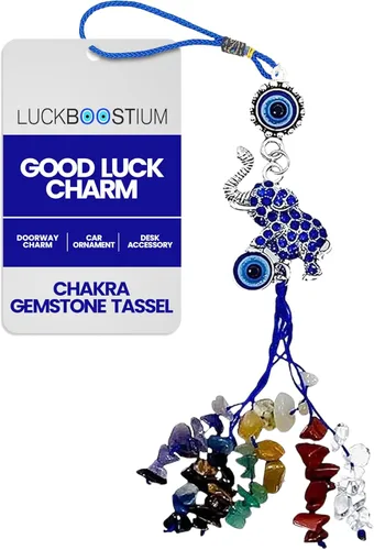 LUCKBOOSTIUM Llavero de elefante y 7 chakras colgantes con borlas y piedras preciosas contra el mal de ojo – Llavero contra el mal de ojo para