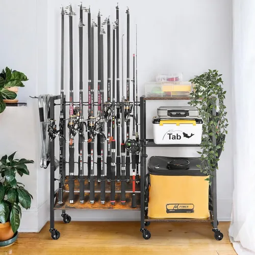 Miniatura 7 de Olakee Soportes para caña de pescar para garaje, soporte para caña de pescar, carrito rodante con organizador de almacenamiento de aparejos