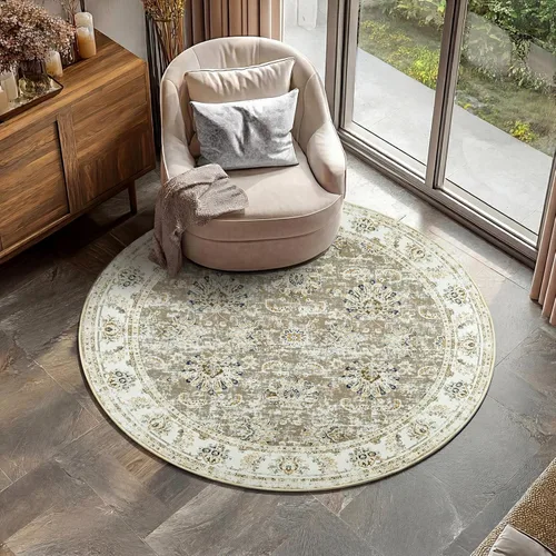 Miniatura 151 de Jinchan Fiora - Alfombra redonda de 8 pies, alfombras vintage con diseño floral envejecido, lavable a máquina, antideslizante, de pelo bajo, Azul