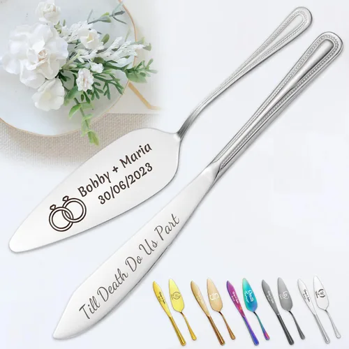 Miniatura 15 de Juego personalizado de corte de pasteles para boda, servidor de pastel de boda grabado gratis, cuchillo de pastel de acero inoxidable y juego