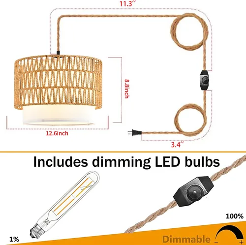 Miniatura 5 de Lámpara colgante bohemia de ratán con cable de enchufe, lámpara colgante de interior con interruptor de atenuación, pantalla de mimbre tejida