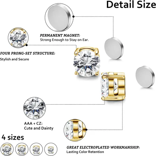 Miniatura 2 de Jstyle 4 pares de aretes magnéticos de acero inoxidable para hombre y mujer, circonita cúbica sin perforación, 0.157-0.276 in