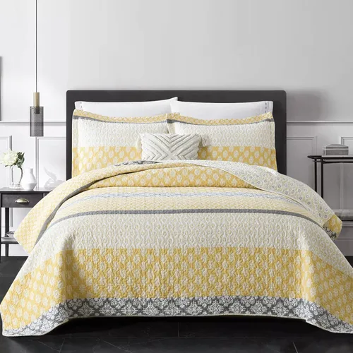 PERHOM - Juego de edredón de tamaño Queen amarillo - Juego de edredón de tamaño Queen, 100% algodón de fibra larga floral, juego de ropa de cama