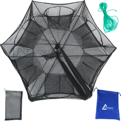 Miniatura 6 de Drasry Red de Pesca Negra con Carnada Plegable, Red de Pesca para Pececillos, Cangrejos, Langostinos y Camarones, Jaula de Red con 4 y 6 Agujeros