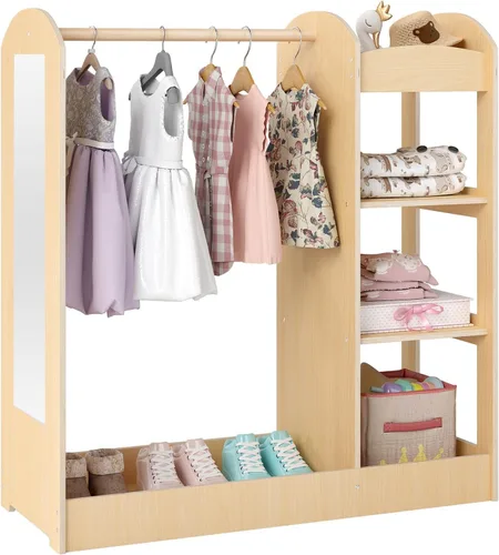 Costzon Almacenamiento de disfraces para niños con espejo, perchero, estantes de 3 niveles, bandeja inferior, centro organizador de disfraces de